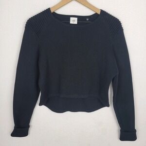 Cabi Crop Prep Pullover Sweater XL Black Ribbed Knit Textured Boxy Minimalist
